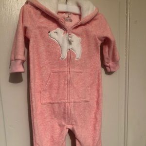 Pink polar bear fleece coverall.